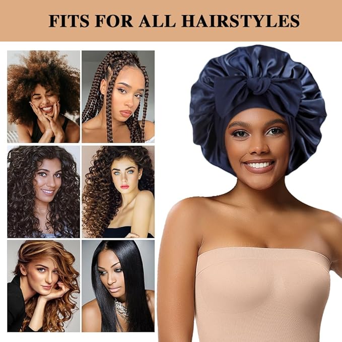 2+3 Large Satin Bonnets with Scrunchies for Women, Hair Bonnet Sleeping Tie Bonnet for Braids Curly Hair