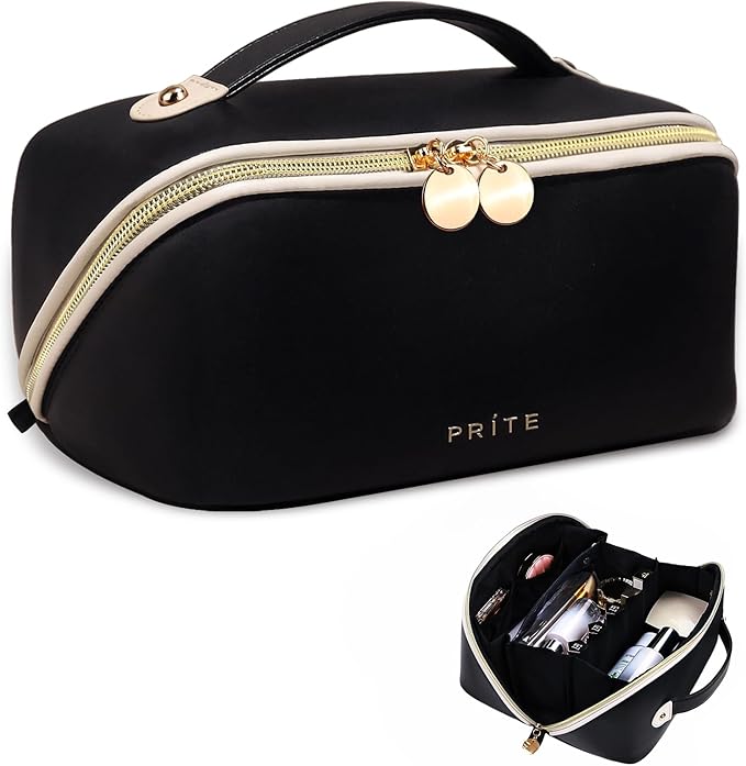 Prite Makeup Bag for Women Travel Waterproof Vegan Leather Cosmetic Bag Open Flat Toiletry Bag With Clear Divider and Handle (Large Black Pro)