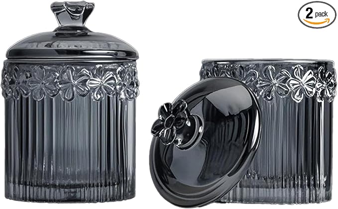 PENCK 2pcs Elegant Glass Qtip Holder Cute Apothecary Jars with Lid Stylish Hair Ties Candy Jar Bathroom Canister Essentials Accessories Decor Makeup Storage Organizer for Cotton Swabs, Balls (Gray)
