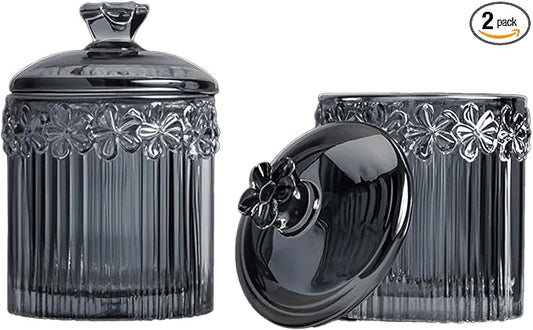 PENCK 2pcs Elegant Glass Qtip Holder Cute Apothecary Jars with Lid Stylish Hair Ties Candy Jar Bathroom Canister Essentials Accessories Decor Makeup Storage Organizer for Cotton Swabs, Balls (Gray)