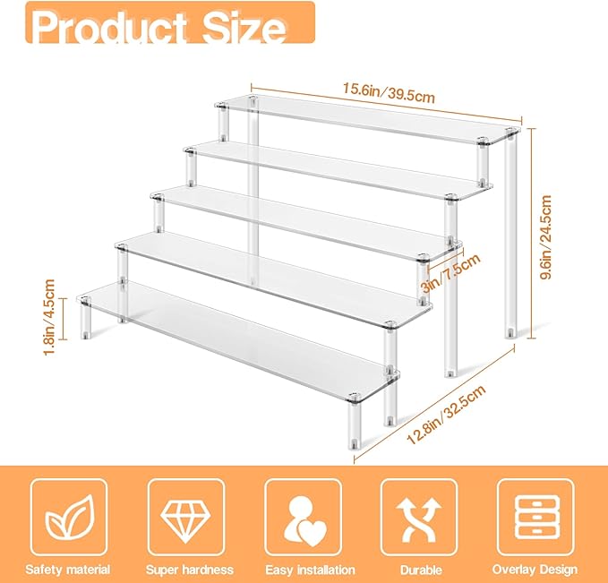 2Pcs Acrylic Risers Display Stand for Action Figures, 5 Tier Clear Display Collectibles Dessert Holder, Durable Showcase Display Shelf for Toys Jewels Figurines Cosmetics Decoration and Organizer