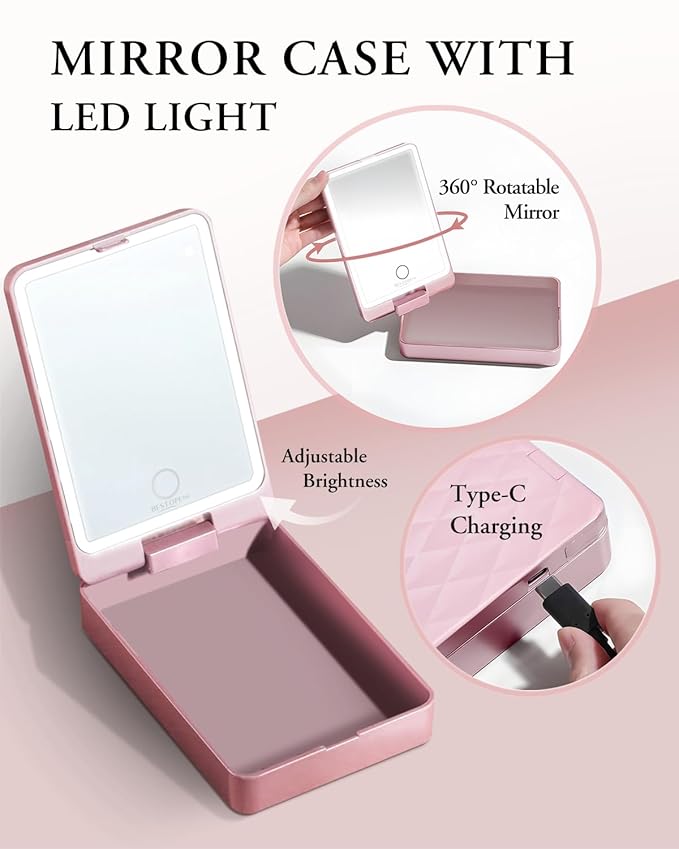 Makeup Brushes with Case, 20PCs Travel Makeup Brush Set, Foundation Concealer Blush Eyeshadow Brush Set Contour Powder Eyebrow Eyelash Brush Kit with Led Light Mirror Holder & 2 Powder Puff-Pink