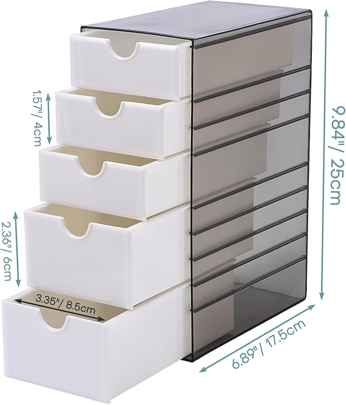 Hair Accessories Organizer with Removable Drawer, Large Capacity Desk Organizer Box with Stackable Cases, Hair Styling Storage Box for Hair Ties, Clips&Pins, 5-Tier Plastic Containers, Clear Black