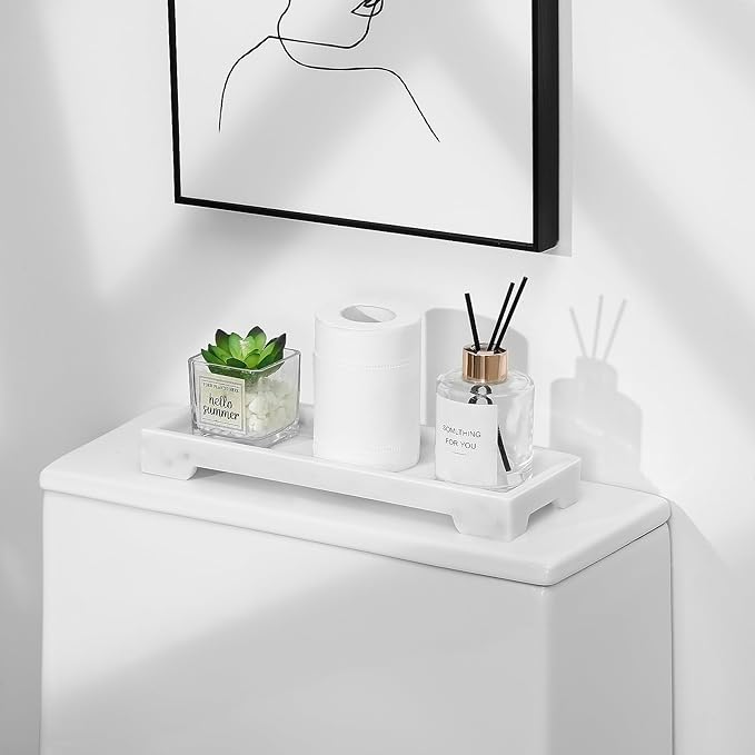 Luxspire Bathroom Vanity Tray, Resin Toilet Tank Tray, Kitchen Trays, 11" x 4" Rectangle Bathroom Tray for Counter, Marble Tray for Soap Dispenser Perfume Jewelry, Small, White Marble