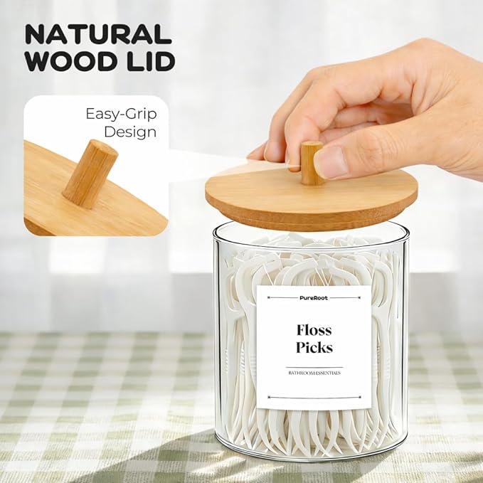 15oz Glass Qtip Holder Dispenser Set - Cotton Swab Holder with Bamboo Lids, Bathroom Canisters Apothecary Jar Vanity Storage Organizer for Cotton Balls Pads, Floss Picks (2 Pack)
