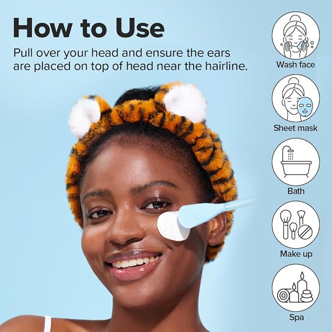 I DEW CARE Face Wash Headband - Tiger | Adorable Design, Perfect for Washing & Cleansing, Makeup and Spa, Bath, Skincare, Quick Dry, Soft & Fuzzy, Non Slip, Reusable, Teen Girls Stuff