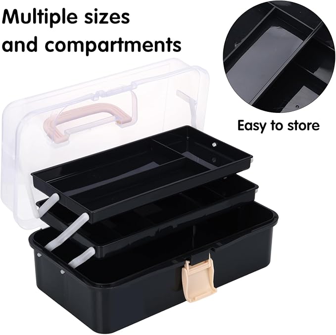 OUTUXED 12.5inch 3-Layer Multipurpose Craft Organizers, Portable Folding Toolbox, Plastic Tool Box with Handle for Sewing Supplies, Medicine, Art Supplies, Nails and Hair Accessories(Black)