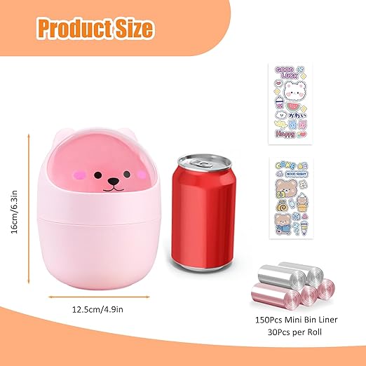 Cute Desktop Tiny Trash Can with Flip Lid, Creative Kawaii Bear Mini Wastebasket, Portable Countertop Dustbin for Office Kitchen Vanity Tabletop Bedroom (Pink)