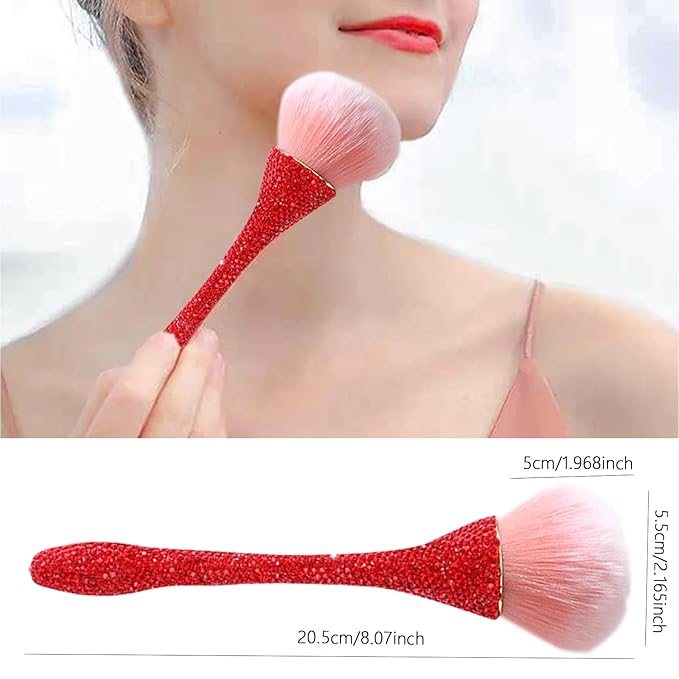 WOKOTO 1pcs Red Rhinestone Nail Dust Brushes For Acrylic Nails Powder Remover Brushes Loose Face Cosmetics Blending Liquid Foundation Powder Make Up Brushes Nail Trimming Cleaning Tools