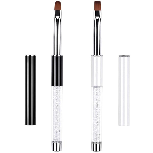 2Pcs Oval & Flat UV Builder Gel Nail Brush Set Rhinestone Handle Professional Nail Art Design Brushes for Polygel Hard Gel