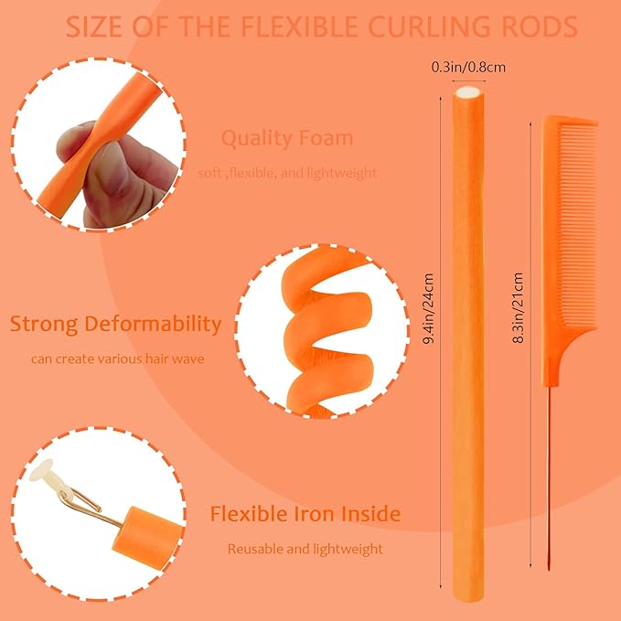 60 Flexible Foam Curling Rods, Twist Hair Rollers with Steel Pintail Comb for Long & Short Hair (9.45 x 0.31, Orange, No Heat)