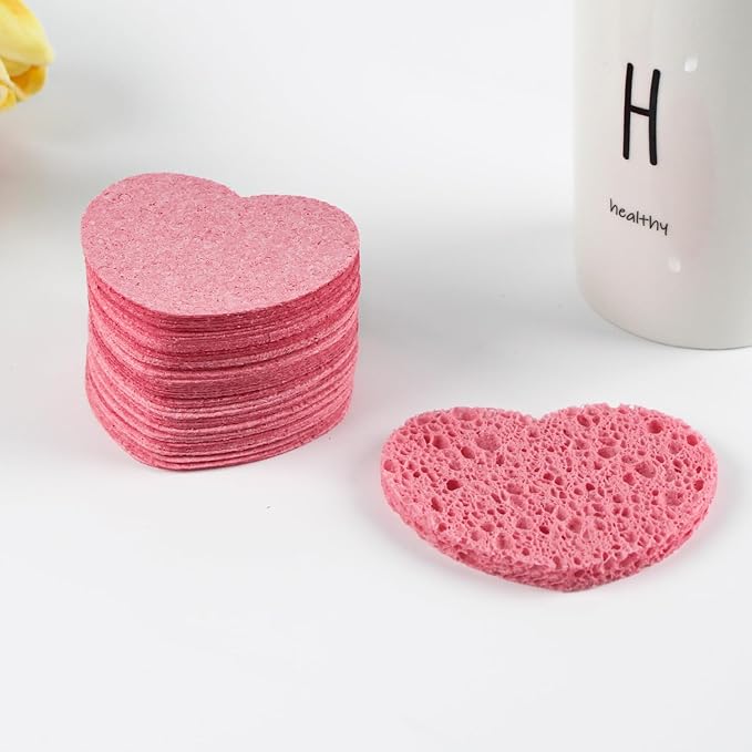 60-Count Compressed Facial Sponges With Container, Heart Shape Face Sponge, 100% Natural Pads for Cleansing, Massage, Pore Exfoliating Mask, Makeup Removal (Pink)