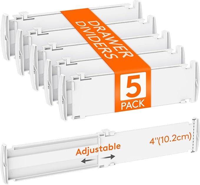 Lifewit 4" High 5 Pack Drawer Dividers, 35 –55cm/13.8-22.5" Drawer Divider for Clothes, Adjustable Dresser Drawer Organizers, Plastic Drawers Separators for Clothes, Bedroom, Bathroom, Kitchen, Office