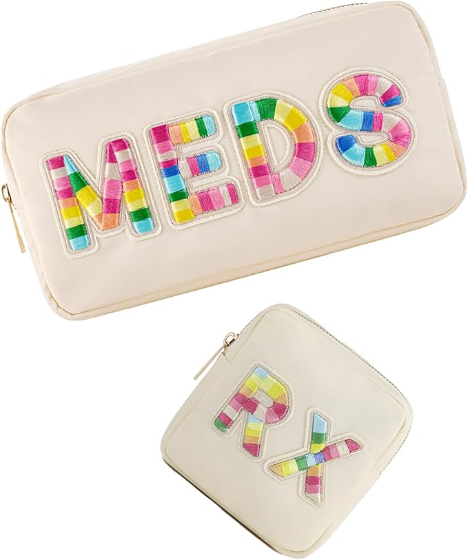 uekeboag 2Pcs Personalized Nylon Rx MEDS Cosmetic Bag, Cute Chenille Letter Patch Medicine Drug Pouch with Zipper,Preppy Makeup Travel Vitamin Bag for Women and Girls (RX+MEDS)