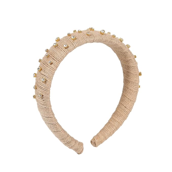 Madison Tyler Boho Headbands - Top Knot With Rhinestones, Non Slip for Outdoor & Party (Linen with Rhinestones)