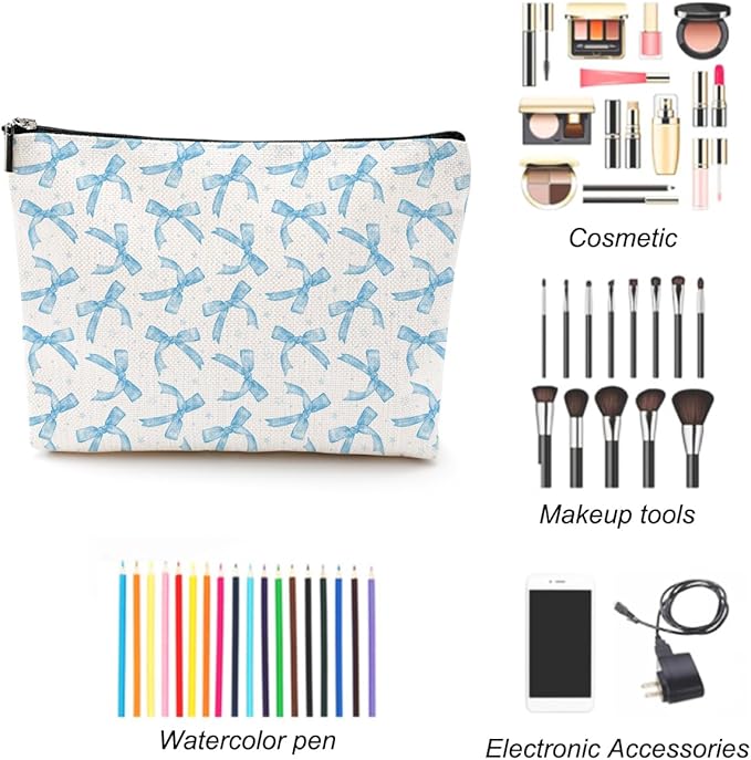 Coquette Makeup Bag Trendy Teen Girls Gifts Blue Bow Pouch Bag Gift for Women Aesthetic Cosmetic Bag Preppy Stuff Trendy Preppy Makeup Bag Funky Zipper Travel Toiletry Bag
