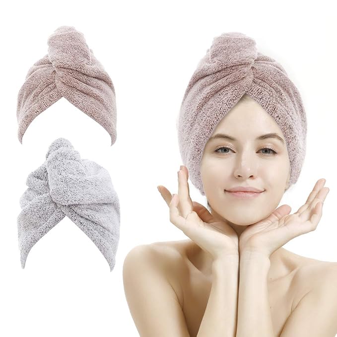 2 Pack Hair Towel Wrap,Rapid Carbon Fiber Hair Drying Towel with Buttons, Microfiber Hair Towel for Drying Curly Hair,Anti-frizz (Star Gray&Star Pink)