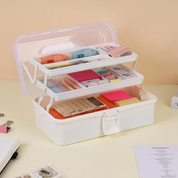 OUTUXED 12.5inch 3-Layer Multipurpose Craft Organizers, Portable Folding Toolbox, Plastic Tool Box with Handle for Sewing Supplies, Medicine, Art Supplies, Nails and Hair Accessories(White)