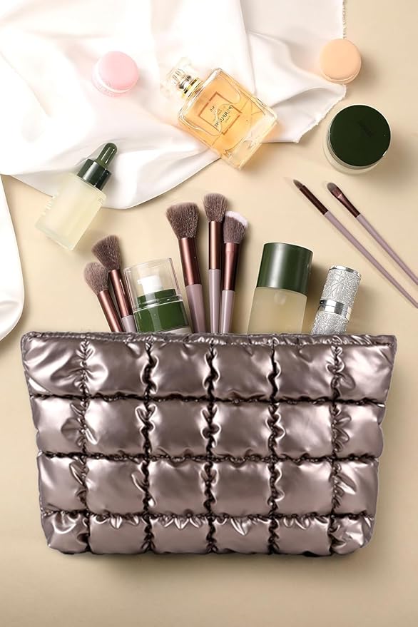 Puffy Quilted Makeup Bag, Cosmetic Bag, Travel Toiletry Organizer Pouch, Clutch for Women (Gold)