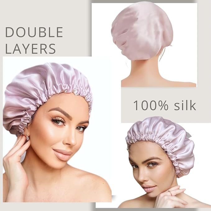 100% Pure Mulberry Silk Bonnet – Double Layer, Adjustable Strap, Silk Hairband & Face Wash Headband, Silk Sleep Cap