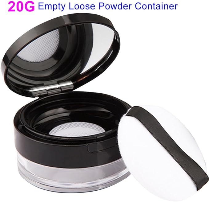 1 Pcs 20g(0.7 oz) And 1 Pcs 10g(0.33 oz) No Leaks Empty Reusable Plastic Loose Powder Container,Sponge Powder Puff,Elasticated Net Sifter,DIY Foundation Makeup Tool (2 Cases)