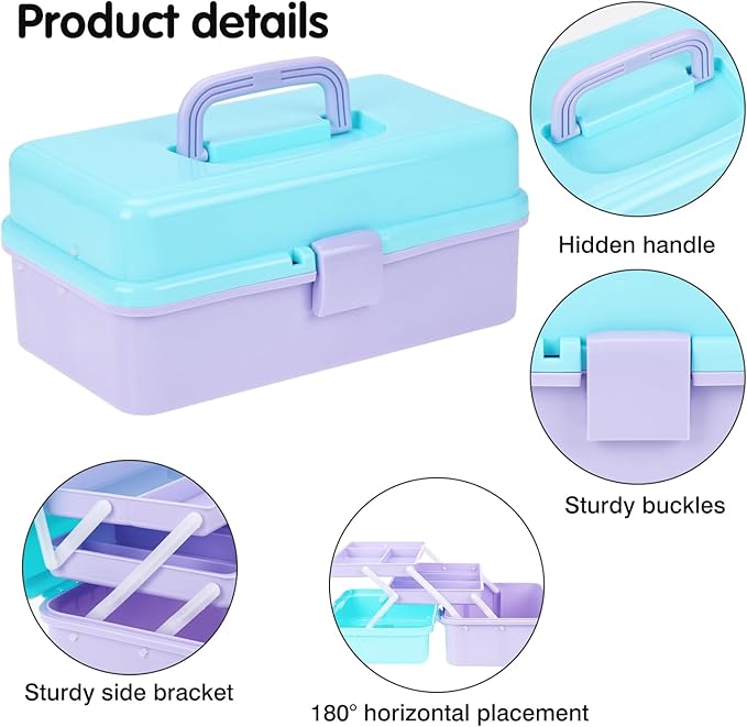 OUTUXED 12.5inch 3-Layer Multipurpose Craft Organizers, Portable Folding Toolbox, Plastic Tool Box with Handle for Sewing Supplies, Medicine, Art Supplies, Nails and Hair Accessories
