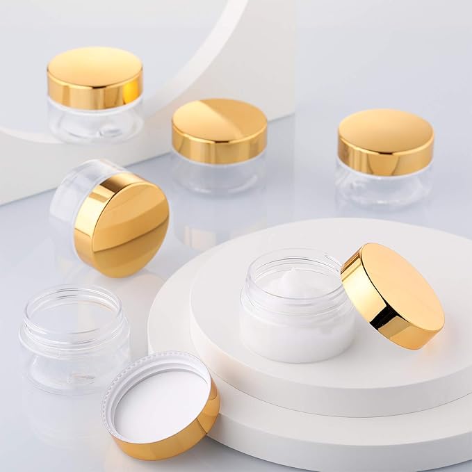 SATINIOR 6 Pack 1 oz Plastic Jars Containers with Lids Wide-mouth Refillable Leakproof Reusable Round Empty Jars for Travel Cosmetic Dry Food Spice Candy Cookie Home Kitchen Organizing(Gold)