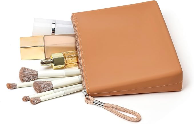 Silicone Makeup Bag for Purse Zipper Cosmetic Pouch Makeup Brush Holder Large Makeup Organizer Silicone Travel Pouch for Women (Light Brown)