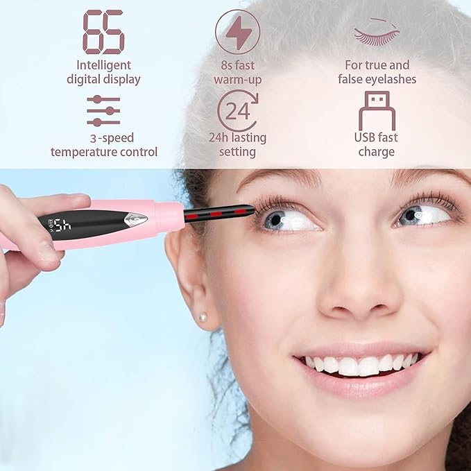 Heated Eyelash Curlers, Heated Lash Curler Rechargeable Eyelash Curler Natural 24 Hours Long-Lasting, Electric Eye Lash Curler Heat with 3 Temp Settings Makeup Tool for Girls Women- Pink