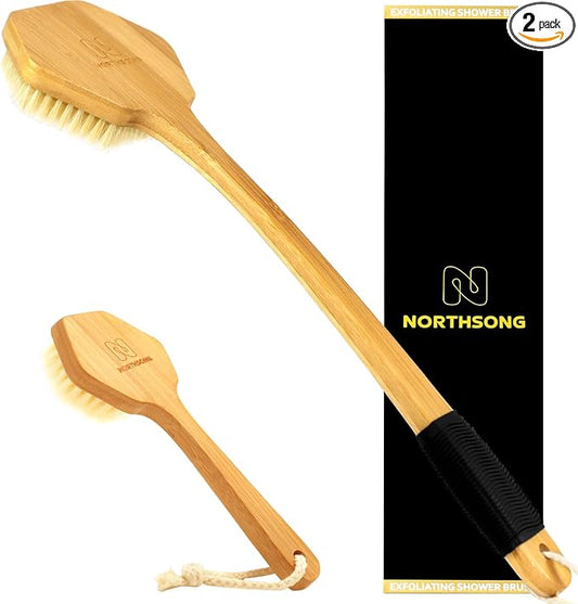 NORTHSONG Deep Cleaning Body & Face Scrubber Set Extra Long17.72Inch Bamboo Back Brush with Wild Boar Bristles&Gentle Facial Cleansing Brush for All Skin Types Ideal for Elderly, Sensitive Skin