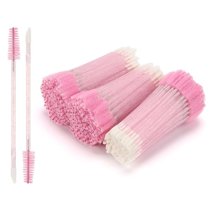300 Pcs Disposable Mascara Wands Dual Ended Eyelash Brush Lip Brush, Pink Lipstick Applicator Eyebrow Spoolies Brush for Eyelash Extensions