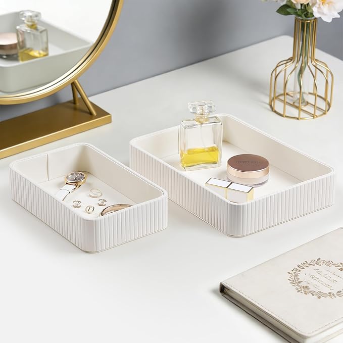 2 Pack Nightstand Organizer Tray, Decorative Perfume Valet Tray Trinket Dish Catch All Purse Key Bowl, PU Leather Coffee Table Trays for Vanity Dresser Bedside Bathroom Countertop (Ivory)