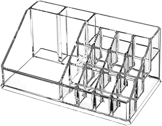 KW Collection Acrylic Makeup Organizer Cosmetic Storage Makeup Display Case Makeup Brush Holder Lipstick Dispenser Canister Bathroom Container (8.7x 5 x 3.2 in, 16 Partitions, Transparent)