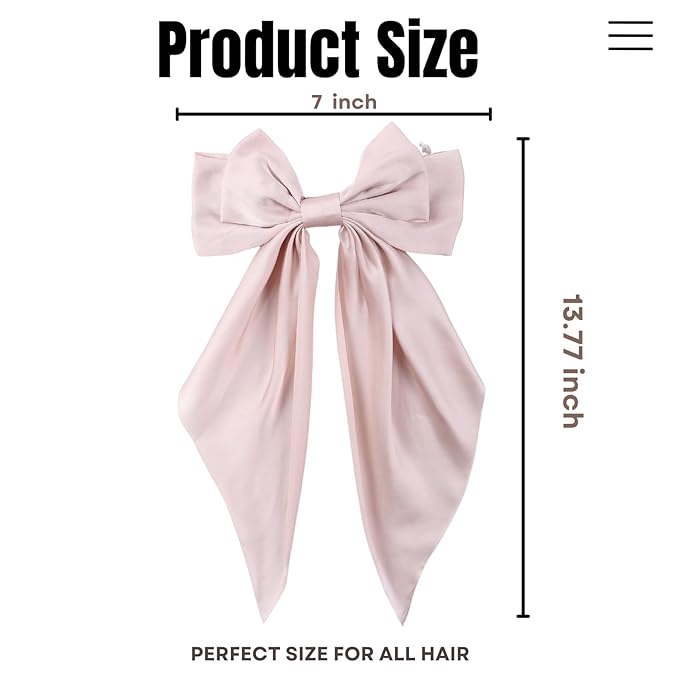 2PCS Big Hair Bow Clips for Women Girls – Rose Satin Ribbon Bow Barrettes with Long Tails, Large Romantic Hair Accessories for Ponytail, Wedding & Gift