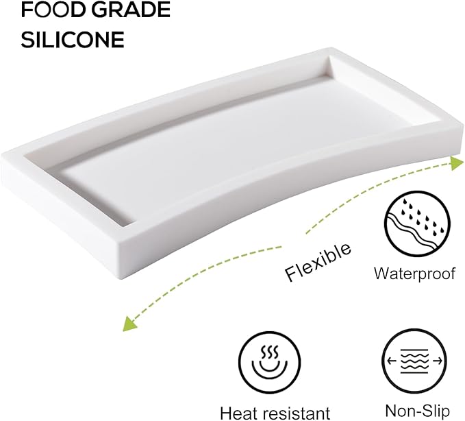 Small Silicone Bathroom Vanity Tray Rectangle Soap and Sponge Holder Kitchen Sink Organizer for Scrubber, Lotion Bottles, Perfume, Jewelry, Candle, Key Trinket Ring, White