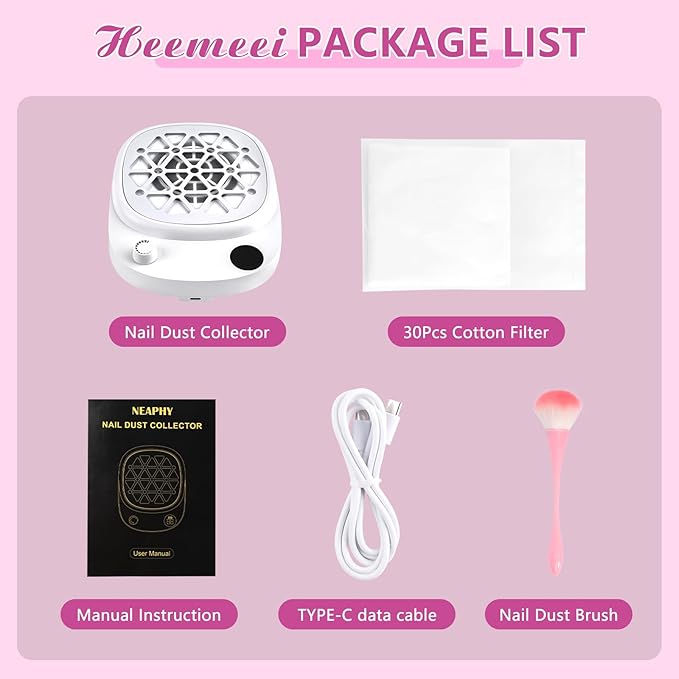 Nail Dust Collector, heemeei Protable 10 Speeds Dust Collector Nail Tech with 30 Pcs Disposable Filter Papers, 6000RPM Powerful Lightweight Nail Vacuum for Beginner Acrylic Nail Manicure Home Salon