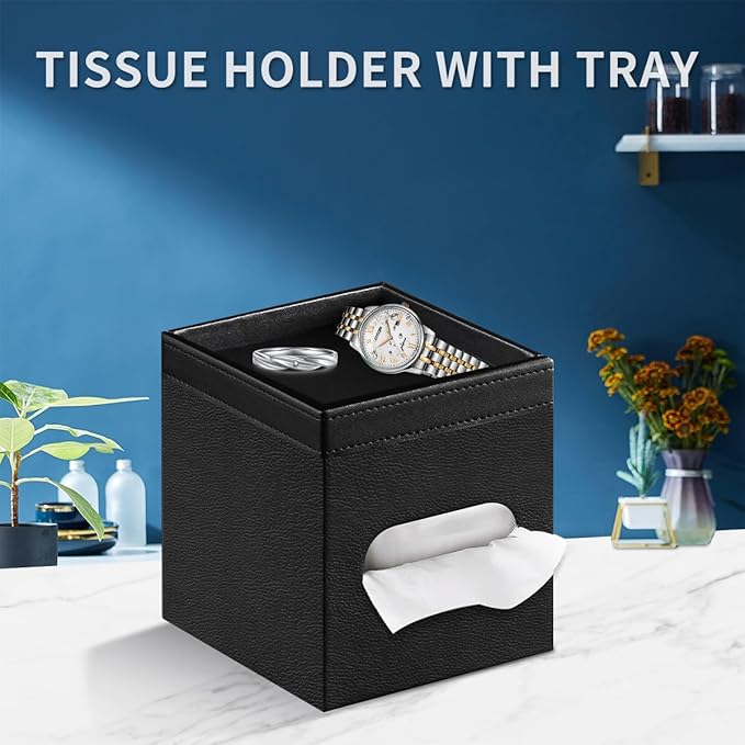 PU Leather Square Tissue Box Cover with Storage Tray - Decorative Organizer for Bathroom Vanity, Night Stands, Office Desk, Bedroom Countertop | Stylish Tissue Holder for Home & Office Décor