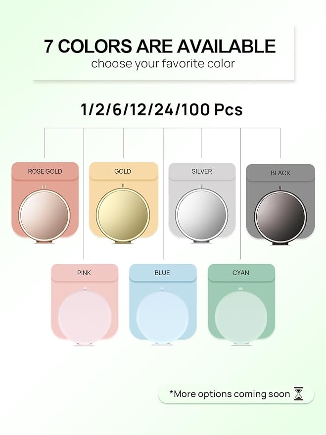 Compact Mirror for Purse, Pack of 6 Double-Sided 1X/2X Magnifying Metal Pocket Makeup Mirrors(Round, Cyan)