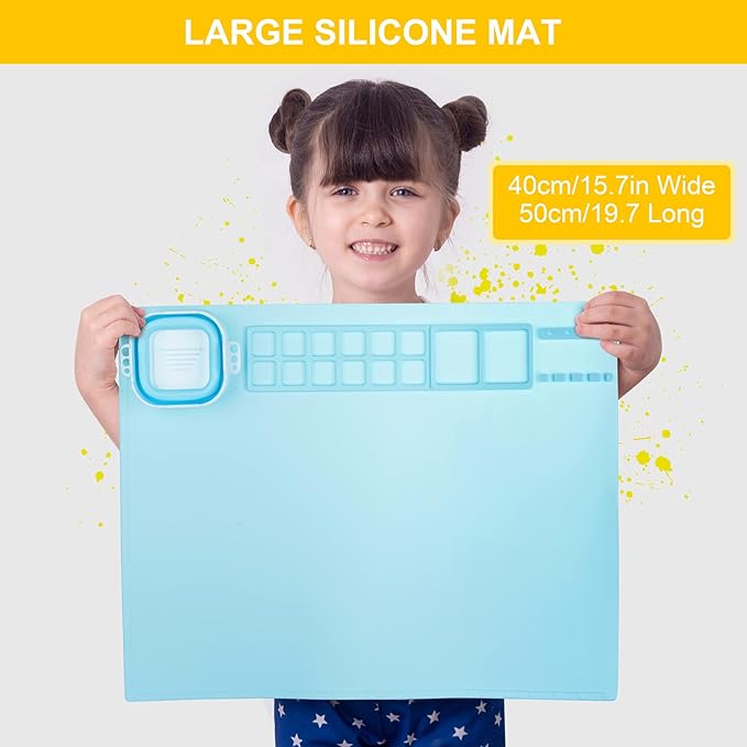 Silicone Art Mat with Cup, Painting Mat for Crafts Resin Casting, Artist Mat with Pen Holders for Kids Gift, Clay, DIY Creations and Play Doh, Christmas Gift for Kids (Blue)