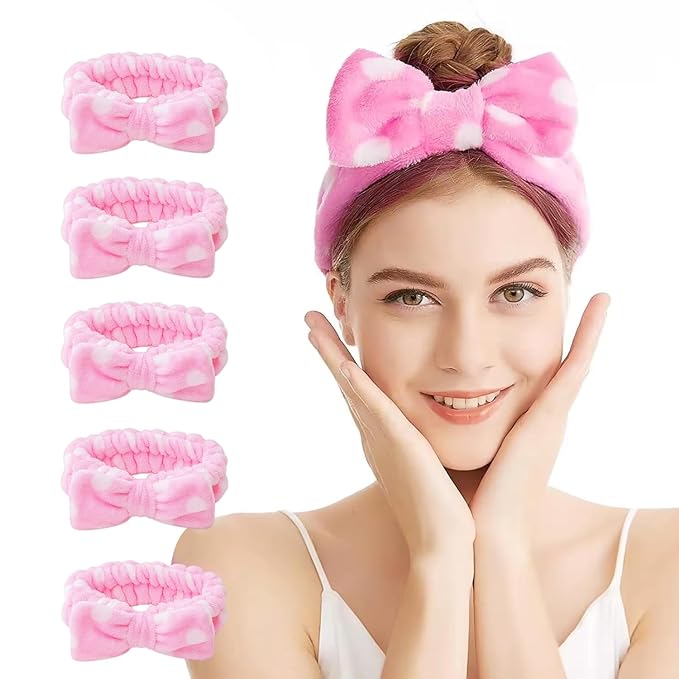 25 Pcs Pink Spa Headband Bulk Set - Soft Coral Fleece Makeup Headbands for Women, Elastic Bow Hair Bands for Washing Face, Skincare & Shower, Adjustable Hair Wraps (Pink with White Dots)