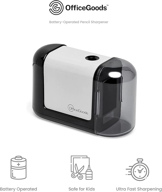 OfficeGoods Mini-Pro Electric Pencil Sharpener - Cordless Portable Sharpener - Battery Operated - Compact & Powerful for Home, Office & School - Black