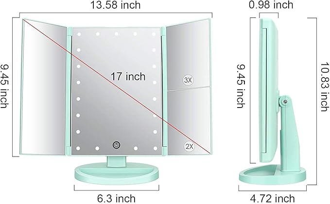 Flymiro Tri-fold Lighted Vanity Makeup Mirror with 3x/2x Magnification,21 LEDs Light and Touch Screen,180 Degree Free Rotation Countertop Cosmetic Mirror,Travel (Green)