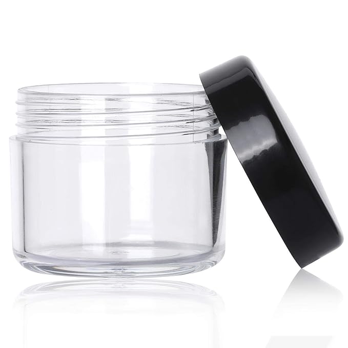 Refillable Cosmetic Sample Jars - 100 Pack 20g (0.7oz) Black Small Travel Containers with Lids + 10 Mini Makeup Spatulas - BPA Free