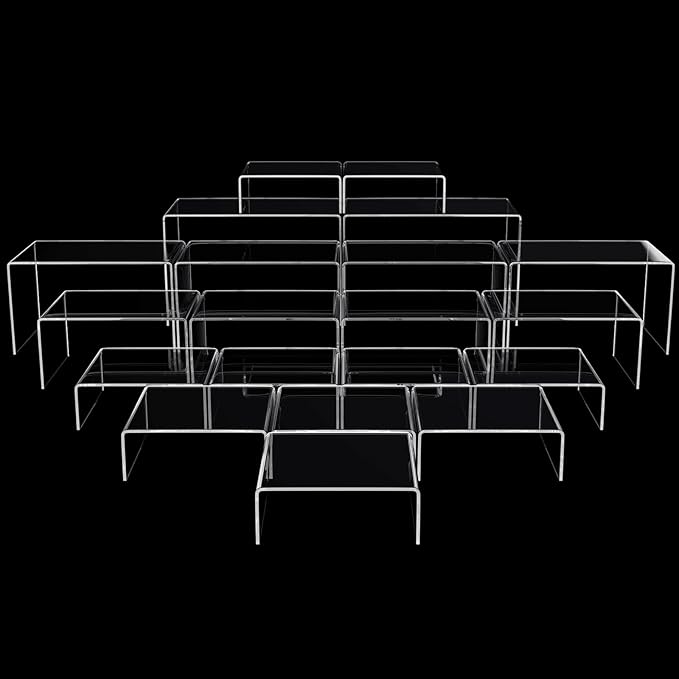 Chuangdi 20 Pcs Acrylic Display Risers, Clear Product Stand, Jewelry Display Riser Shelf Showcase Fixtures for Figure Dessert Cupcake Candy Action Showcase(Extra Large Set)