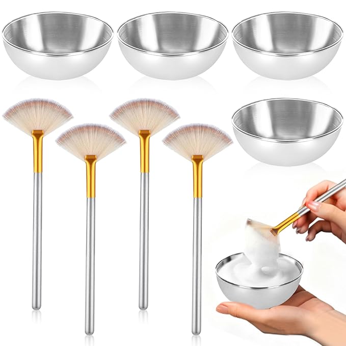 8 Pcs Silver Esthetician Supplies 4 Facial Fan Brushes Esthetician 4 Silver Stainless Steel Mixing Bowls Face Mask Brush Facial Bowls Esthetician for Mud Cream Makeup Spa Salon Women