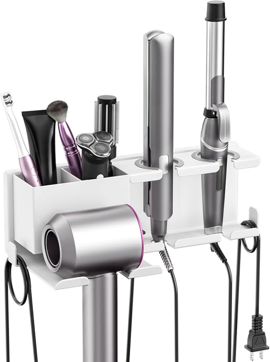 YSD Hair Dryer Holder Wall Mounted, Metal Hair Tools Organizer, Hair Dryer Holder for Blow Dryer, Curling Iron, Straightener, 3 in 1 Bathroom Hair Tool Organizer, White