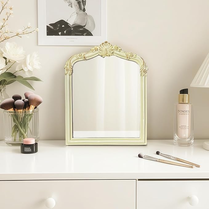 Cream Flower Bow Mirror - 13x10 Inch Perfect Elegant Decorative Accent, Wall-Mounted Tabletop Makeup Mirror for Nursery Baby Room Bedroom Decor