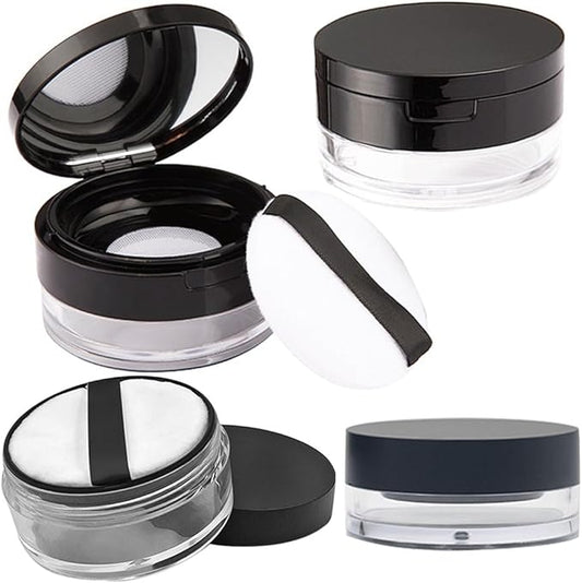 1 Pcs 20g(0.7 oz) And 1 Pcs 10g(0.33 oz) No Leaks Empty Reusable Plastic Loose Powder Container,Sponge Powder Puff,Elasticated Net Sifter,DIY Foundation Makeup Tool (2 Cases)