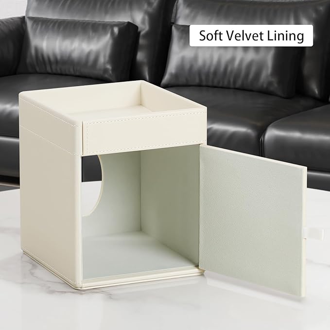 Tissue Box Cover, PU Leather Square Tissue Box Holder with Storage Tray for Bathroom Vanity Countertop Night Stands Bedroom Office Desk, Stylish Tissue Holder Decorative Organizer (Cream)