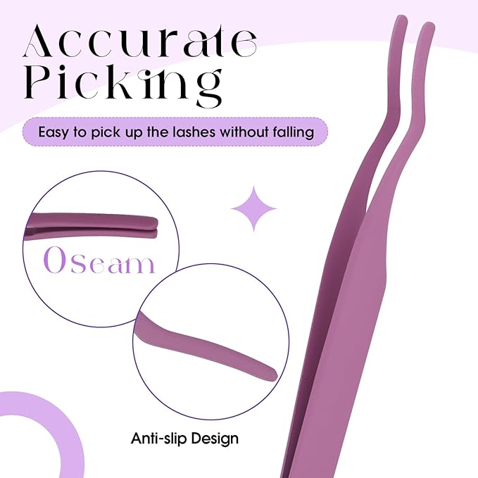 WENDY Eyelash Extensions Lash Tweezers Precision Fiber Stainless Steel Lash Applicator Tool Precision Fiber Mega Lash Tweezers Eyelid Tape & Extensions Use at Home（Purple-1）